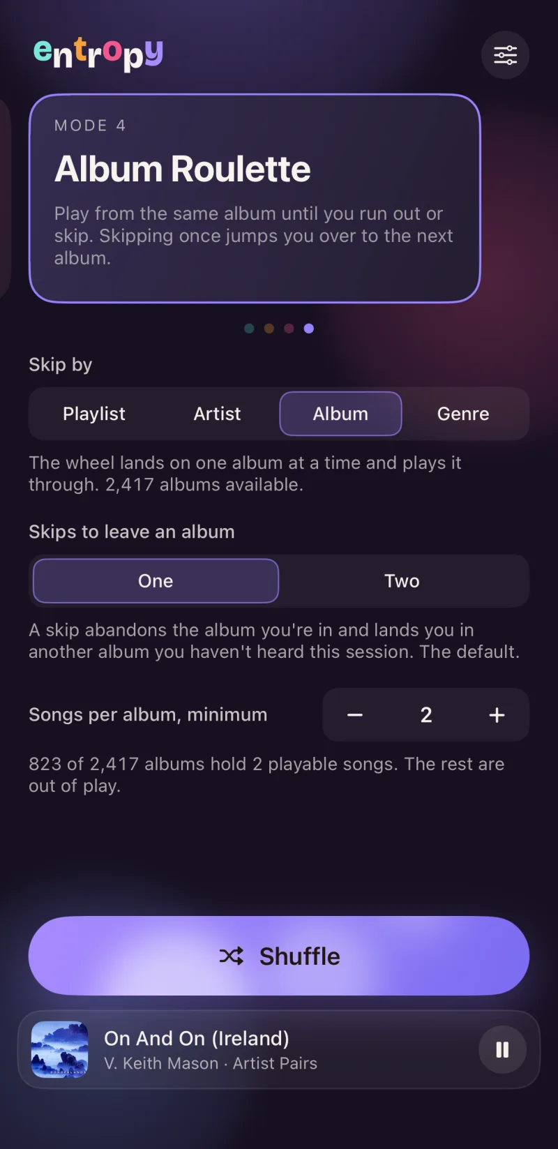 Entropy's Album Roulette mode, showing 2,417 available albums.