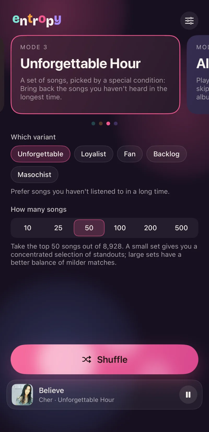 Unforgettable Hour with its five variants and a set size of 50 songs.