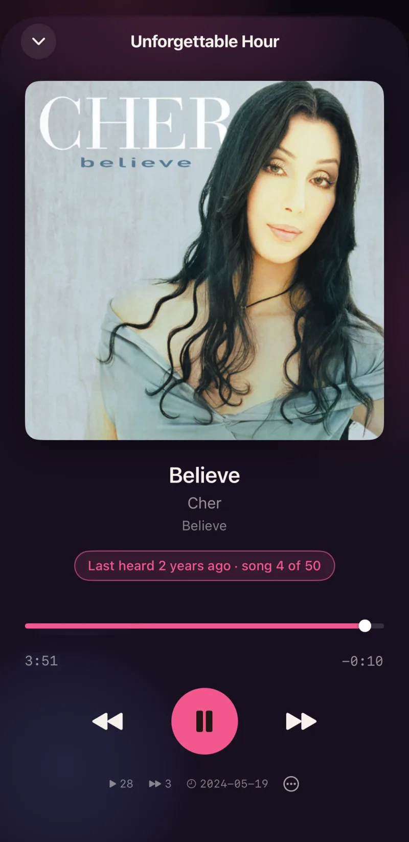 Entropy playing Believe by Cher, tagged "Last heard 2 years ago, song 4 of 50".